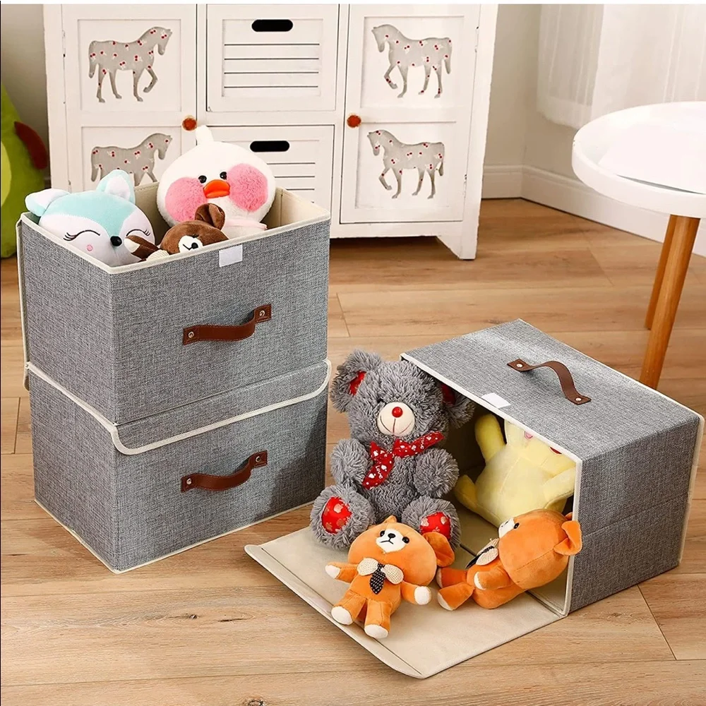 3 Large Foldable Storage Bins with Leather Handles J